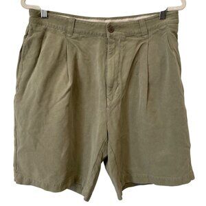 Tommy Bahama Silk Shorts Size 34 Olive Green Pleated Front Relaxed Fit Golf